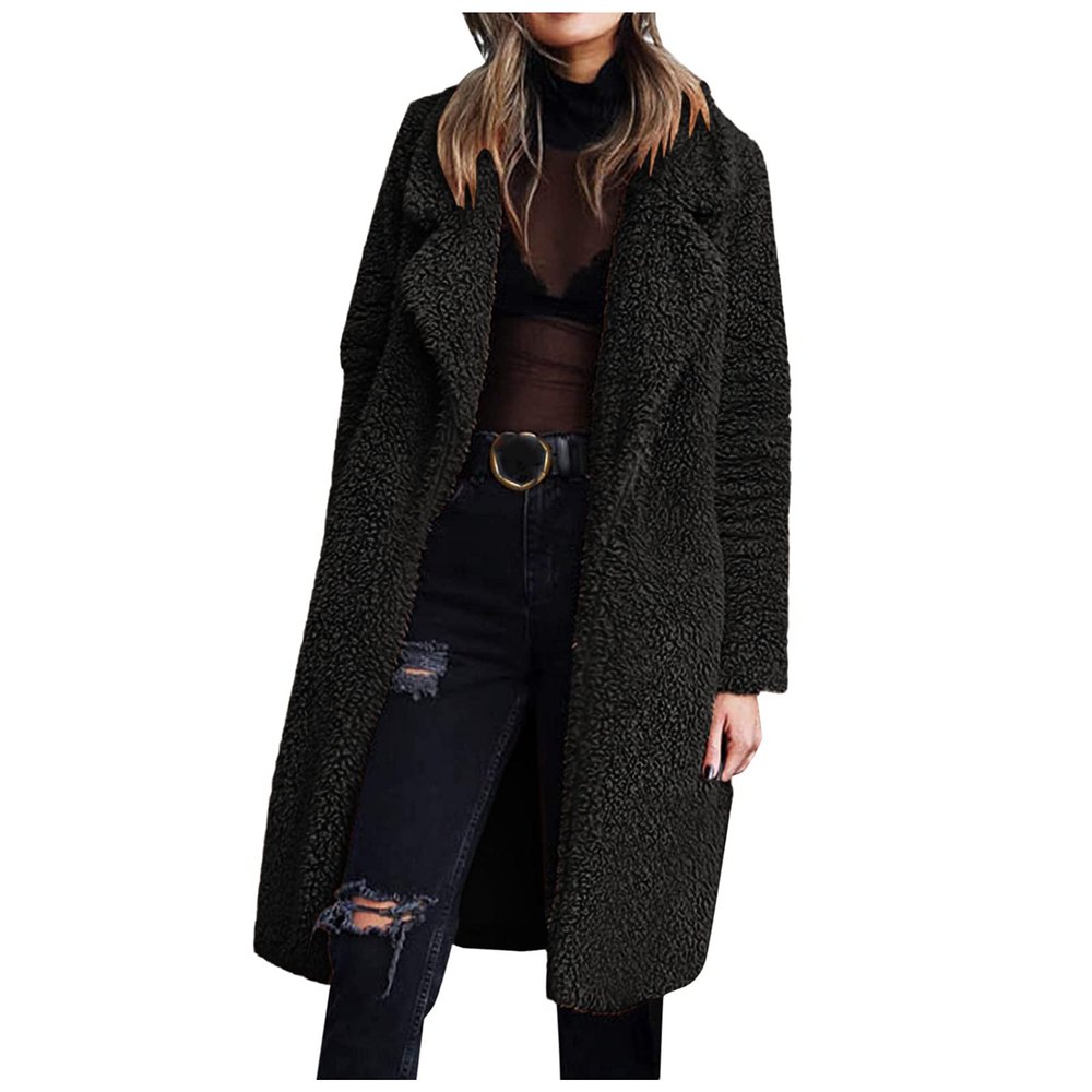 Water Proof Jacket plus Size Women Winter Solid Warm Slim Plush Long Coat Long-sleeved Overcoat Lapel Casual, Black