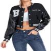 babyhealthy Womens Crop Varsity Jacket Stitched Leather Baseball Bomber Jacket Y2K Streetwear Short Coat A Black