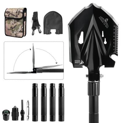 Zune Lotoo Tactical Shovel Survival Tool, 18 in 1 Small Camping Shovel Folding Multitool Compact Entrenching Tool Heavy Duty for Hiking Backpack Emergency Spade Lightweight Car Truck Gift Survivalist