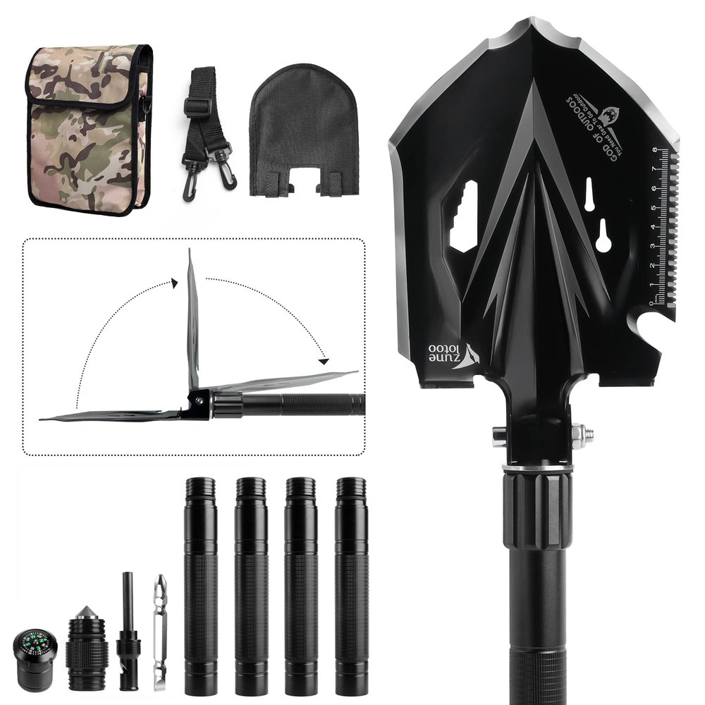 Zune Lotoo Tactical Shovel Survival Tool, 18 in 1 Small Camping Shovel Folding Multitool Compact Entrenching Tool Heavy Duty for Hiking Backpack Emergency Spade Lightweight Car Truck Gift Survivalist