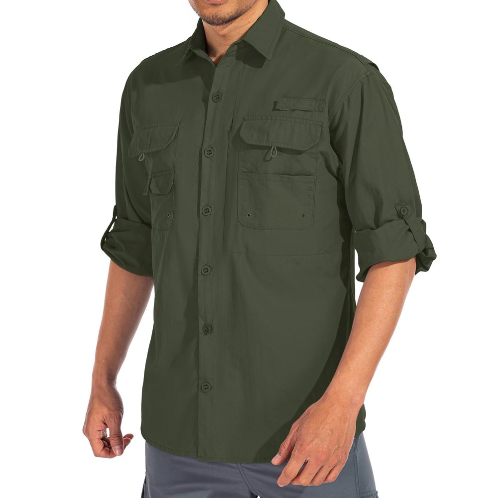 Mens Safari Shirts Long Sleeve UV Protection Hiking Fishing UPF 50+ Quick Dry Cooling Camping Travel Shirts#5066-Army Green-XXL