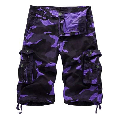Men's Outdoor Camo Cargo Shorts Lightweight Multi Pocket Military Short Loose Fit Hiking Cotton Short Pants (Purple,44)
