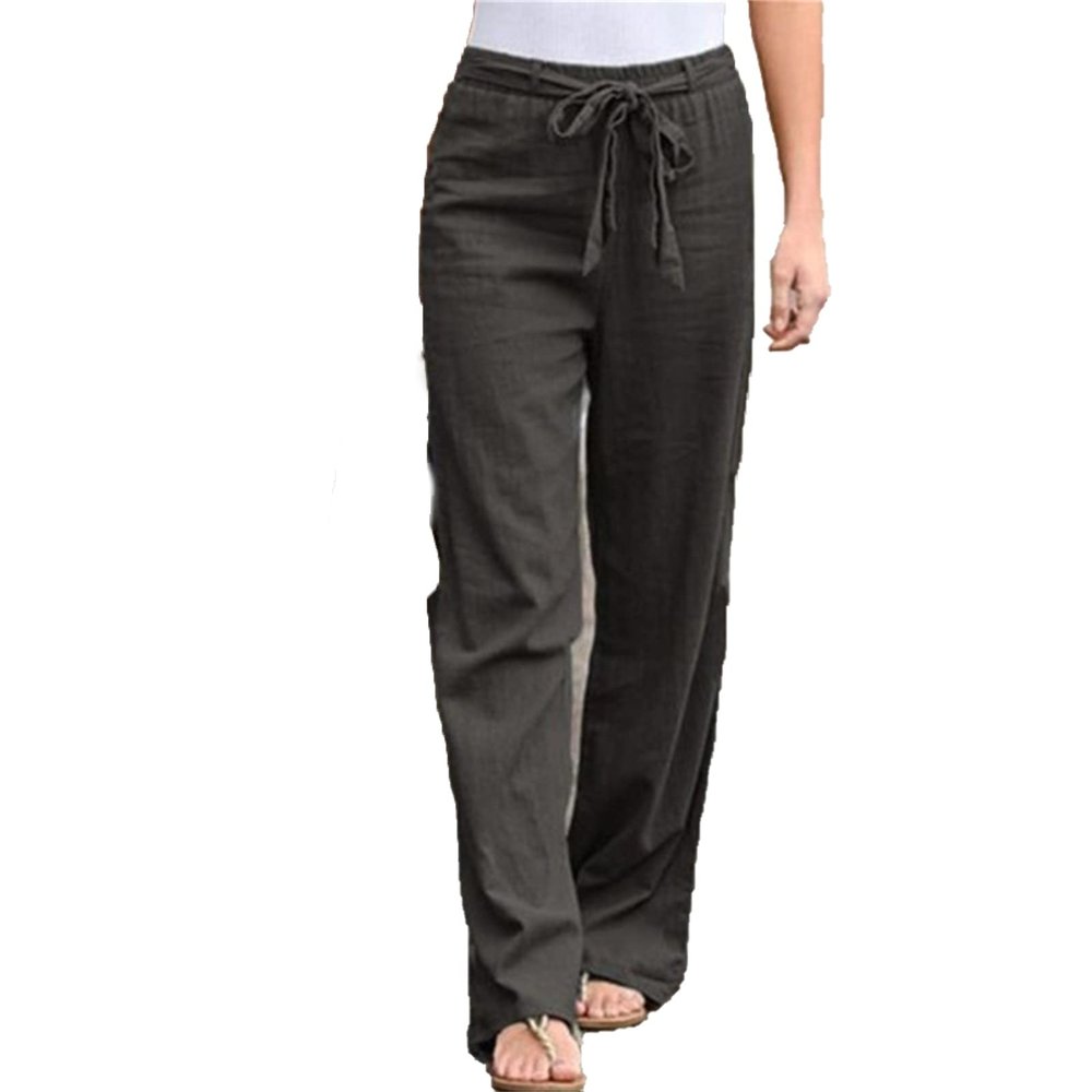 JEShifangjiusu Womens Linen Flowy Pant Belt Wide Leg High Waisted Drawstring Crop Pants Cotton Palazzo with Pocket (X-Large,Grey)