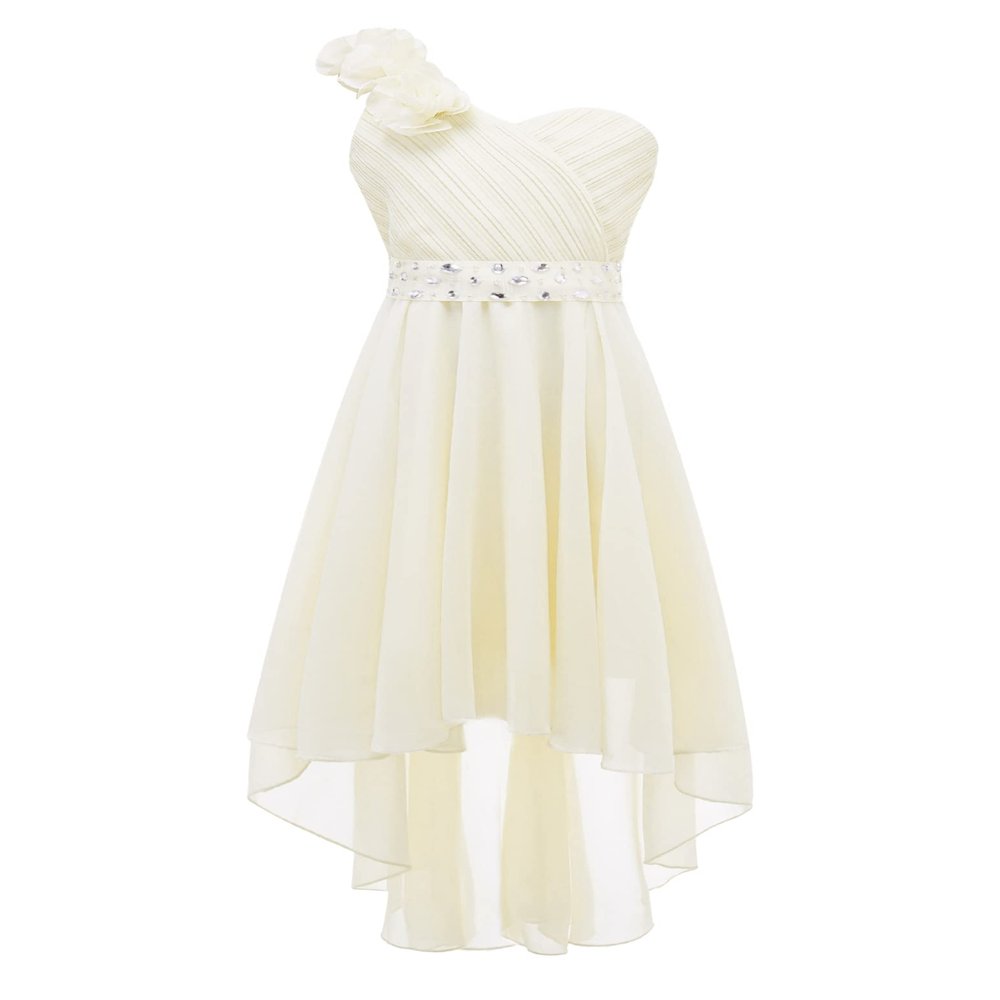 Duoremi Kids Girls One-Shoulder Flower Dress High Low Hem Ball Gown Wedding Evening Dresses Champagne 16 Years