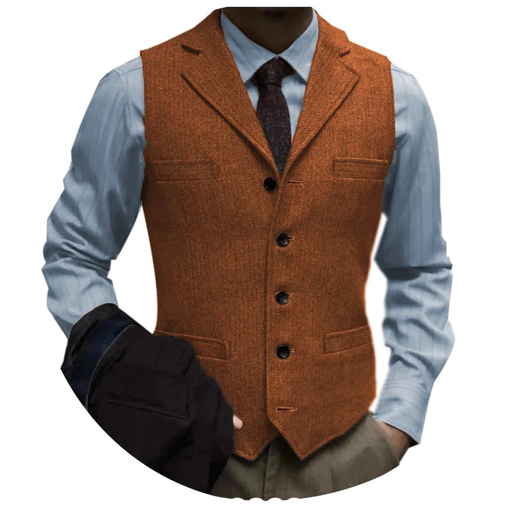 Tuikayoo Men's Tweed Suit Vintage Vest Herringbone Wool Prom Waistcoat Groomsmen(X-Small, Orange)