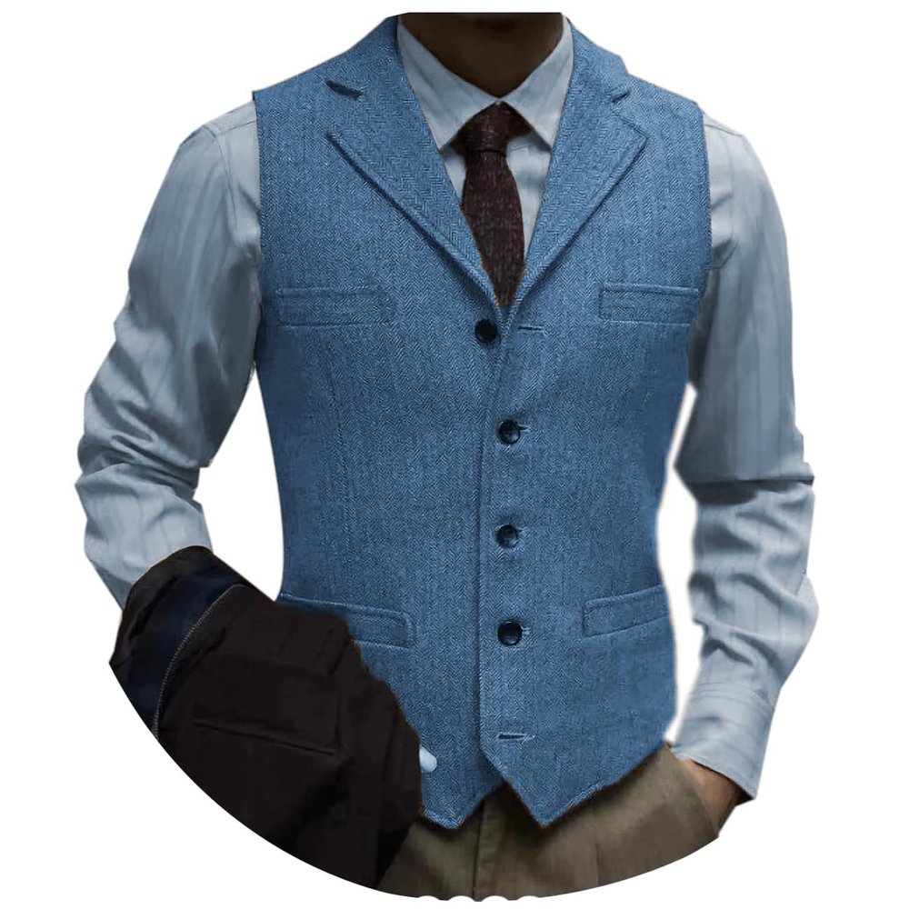 Tuikayoo Men's Tweed Suit Vintage Vest Herringbone Wool Prom Waistcoat Groomsmen(XX-Large, Blue)