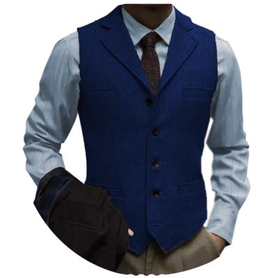 Tuikayoo Men's Tweed Suit Vintage Vest Herringbone Wool Prom Waistcoat Groomsmen(Large, Royal Blue)