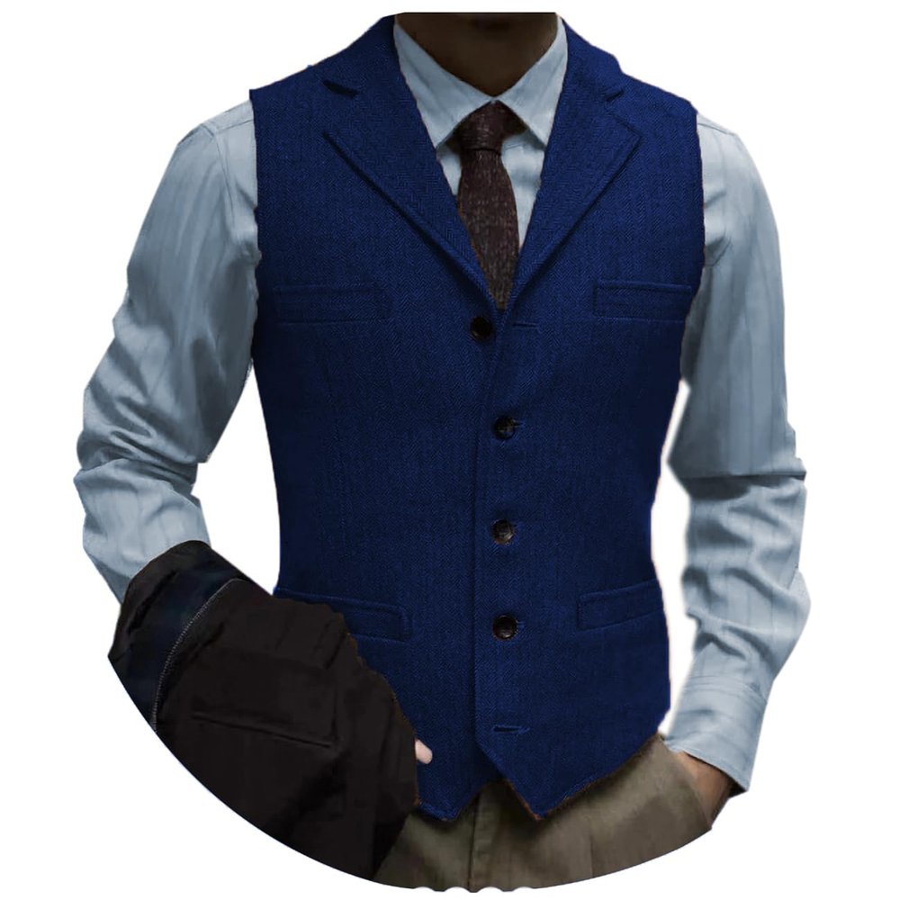 Tuikayoo Men's Tweed Suit Vintage Vest Herringbone Wool Prom Waistcoat Groomsmen(Large, Royal Blue)