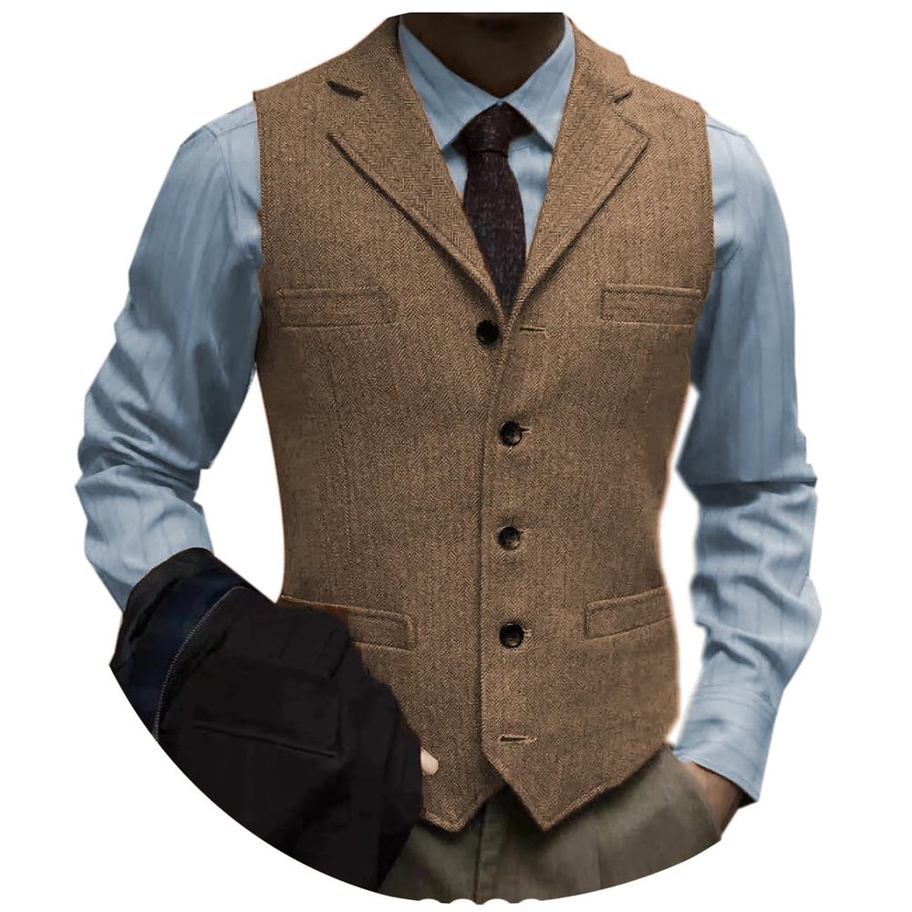 Tuikayoo Men's Tweed Suit Vintage Vest Herringbone Wool Prom Waistcoat Groomsmen(X-Large, Brown)