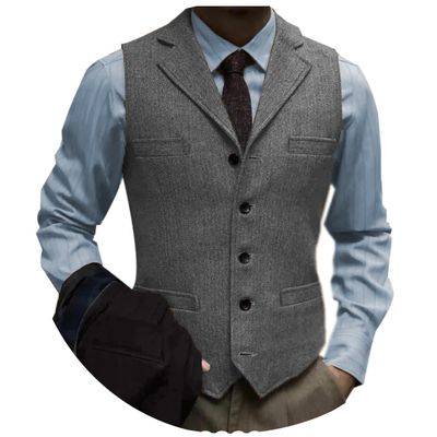 Tuikayoo Men's Tweed Suit Vintage Vest Herringbone Wool Prom Waistcoat Groomsmen(Small, Grey)