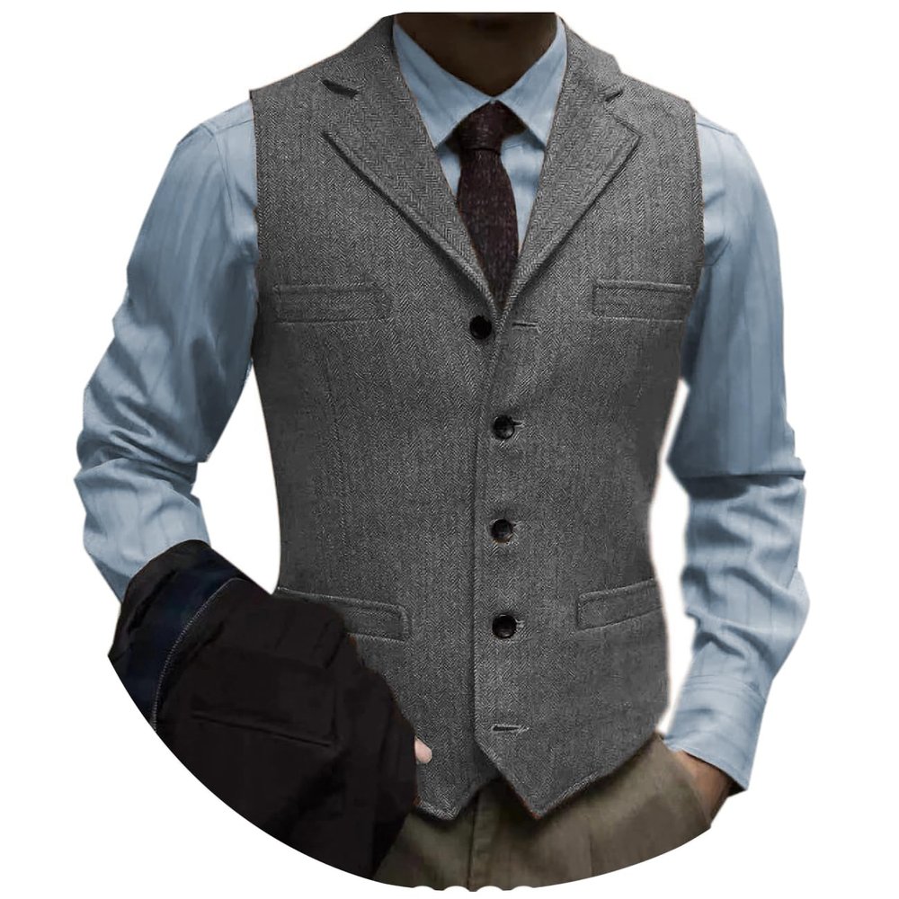 Tuikayoo Men's Tweed Suit Vintage Vest Herringbone Wool Prom Waistcoat Groomsmen(Small, Grey)