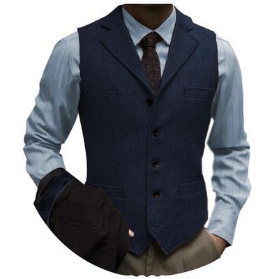 Tuikayoo Men's Tweed Suit Vintage Vest Herringbone Wool Prom Waistcoat Groomsmen(XX-Large, Navy)