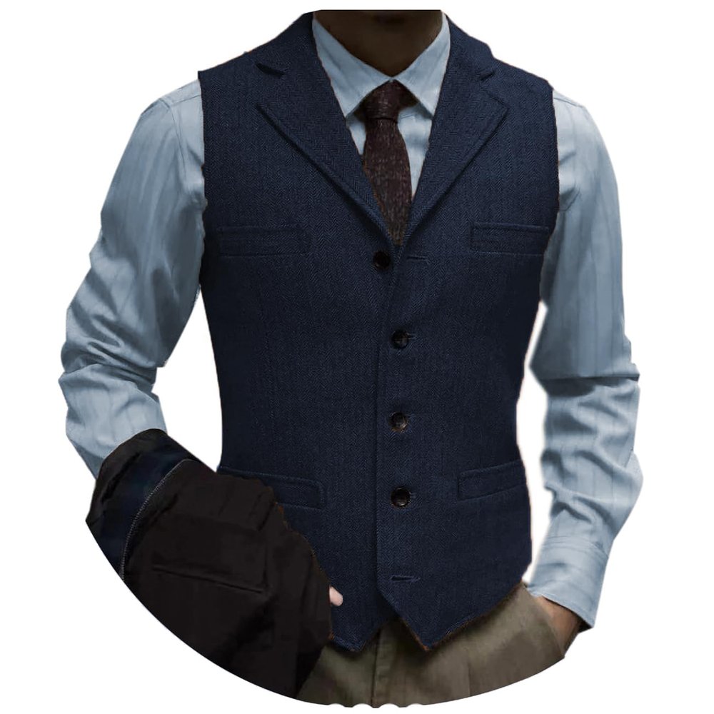 Tuikayoo Men's Tweed Suit Vintage Vest Herringbone Wool Prom Waistcoat Groomsmen(XX-Large, Navy)