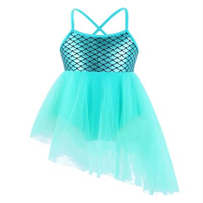 FEESHOW Kids Girls Ballet Dance Leotard Lyrical Dresses Ballerina Shiny Sequin Camisole Tutu Irregular Hem Skirts Mint Green 4 Years