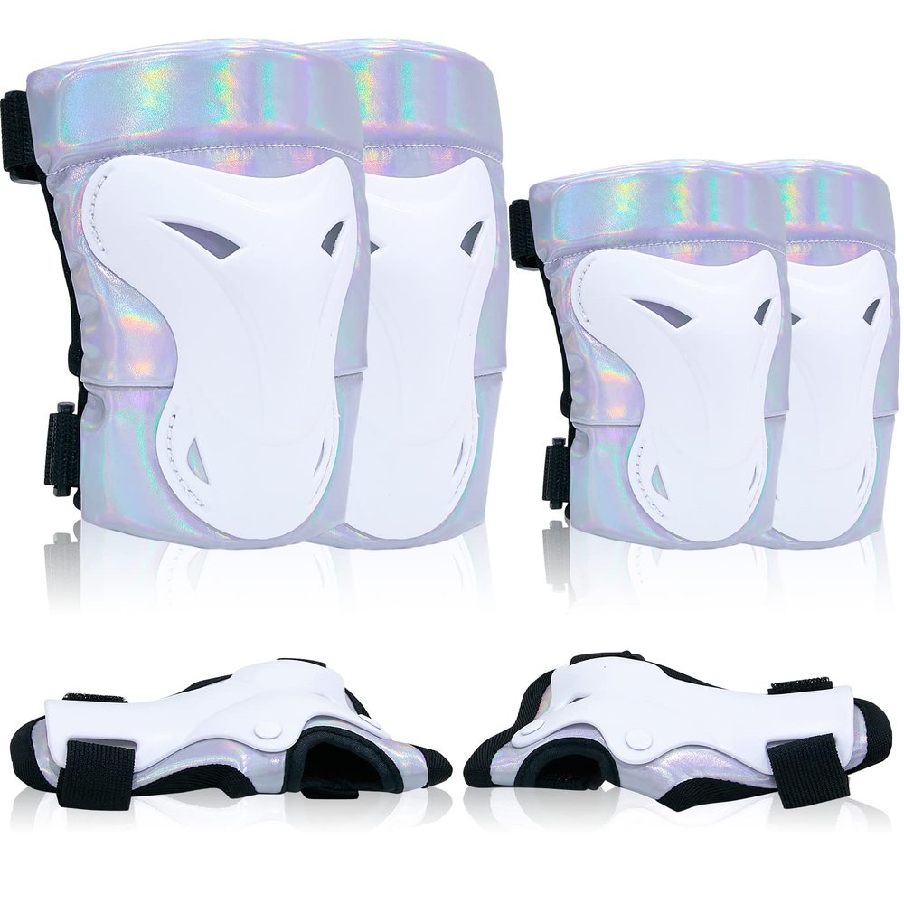 Bienbee Knee Pads for Women, Knee Pads Wrist Guard Knee and Elbow Pads Adult Protective Gear Set for Skateboard, Roller Skating, for Women Men Youth Adult Kids,Laser Silver M