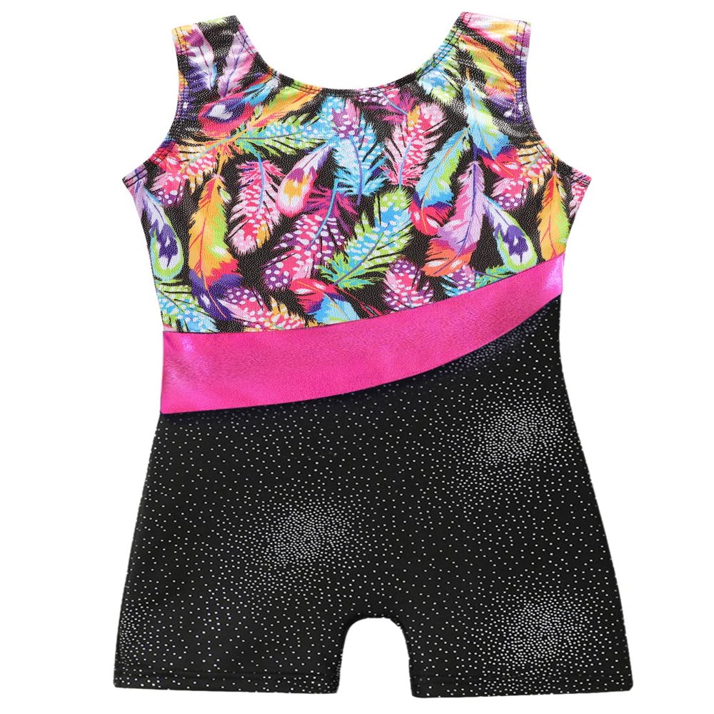 Black Gymnastics Leotards for Girls 4t 5t Toddler Kid Sleeveless Dance Outfit Sparkle Rainbow Feather Pattern Sleeveless Biketards Black (Colorful Feather, 4-5T)
