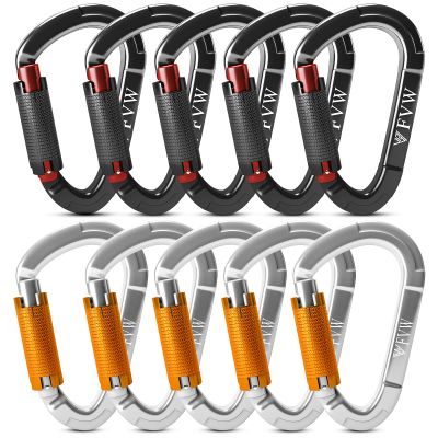 FVW 10 Pack Auto Locking Climbing Carabiner, 25KN UIAA Certified Heavy Duty Caribeaners for Rappelling Swing Rescue & Gym etc, Large D-Shaped Carabiners, (Black*5, Silver*5)