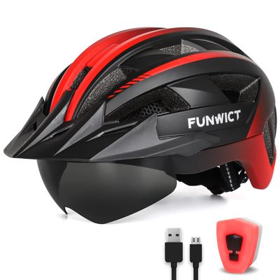 FUNWICT Adult Bike Helmet with Visor and Goggles for Men Women Mountain Road Bicycle Helmet Rechargeable Rear Light Cycling Helmet (XL: 59-63 cm (23.2-24.8 inches), MixBlack)