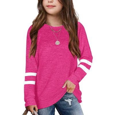 Kids Girls Tunic Tops Crewneck Blouse T-Shirt Soft Striped Long Sleeve Casual Pullover (Hot Pink, 10-11 Years)