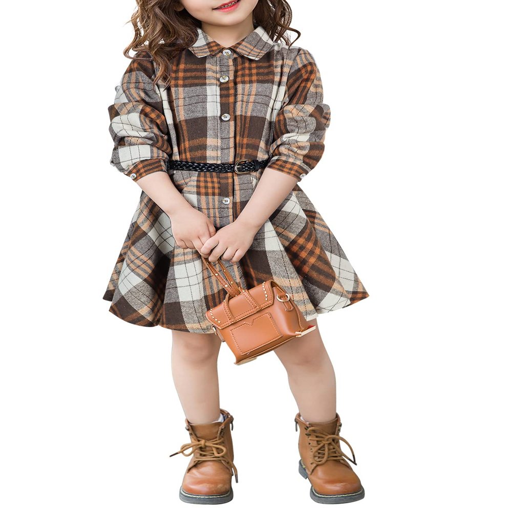 AGQT Toddler Girls Christmas Plaid Dress Buffalo Check Shirt Brown Yellow Square Chequered Casual Long Sleeve A-Line Dresses with Belt Holiday Flannel Outfit Size 4-5 Years