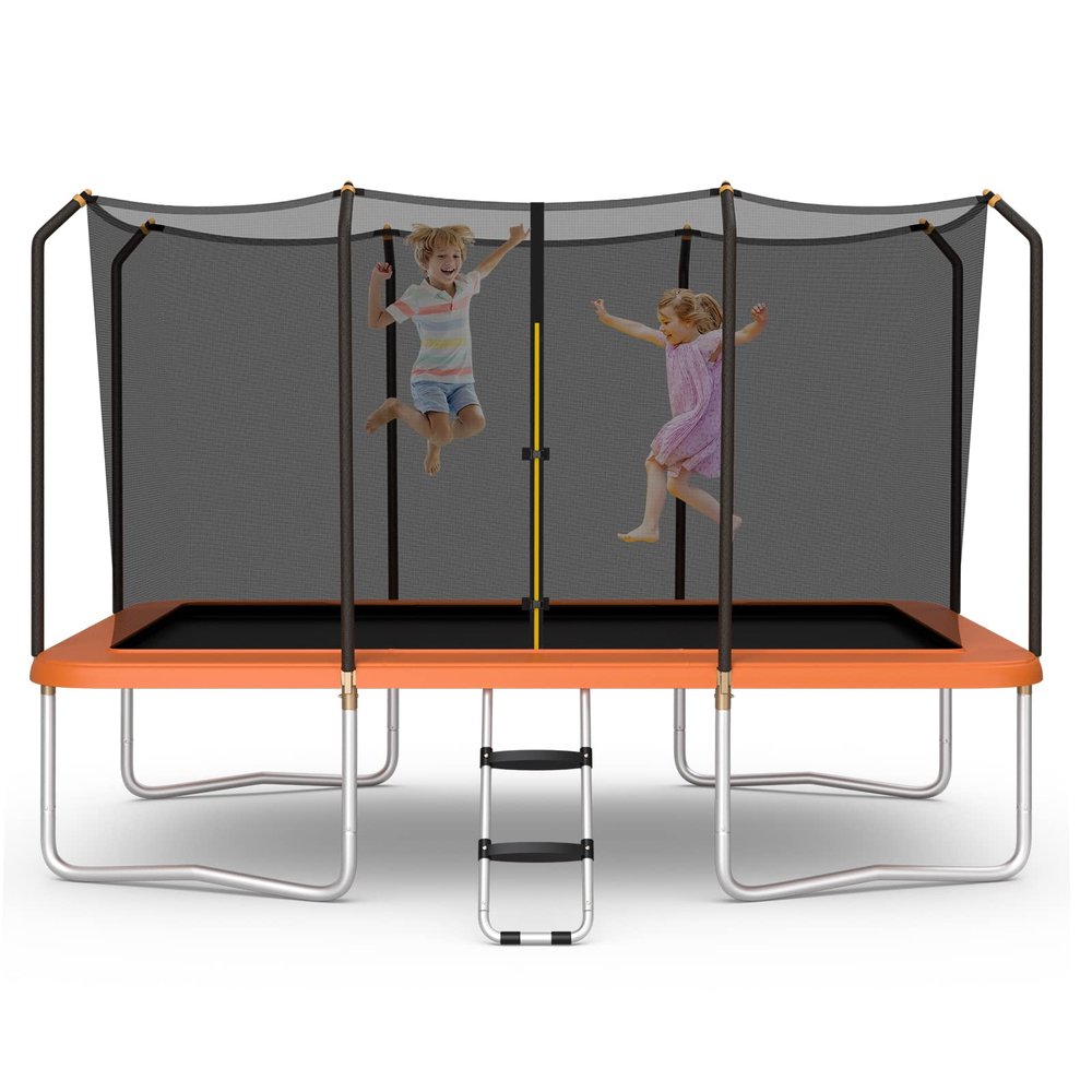 GYMAX Trampoline for Kids, ASTM Approved 14FT Rectangular Trampolines with Enclosure Net & Non-Slip Ladder, Heavy Duty Recreational Rebounder, Outdoor Backyard Trampoline for Adults (Orange)