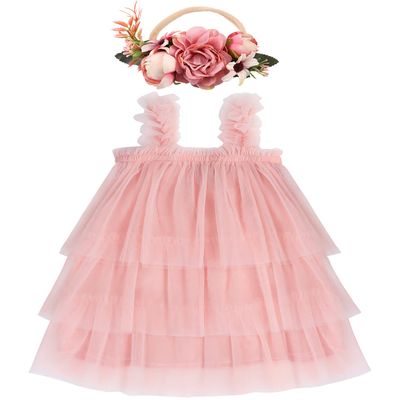 AGQT Baby Girls Tulle Tutu Dress Toddlers Tulle Layered Lace Dresses Sleeveless Princess Party Dress Summer Ruffles Sundress with Flower Headband Pink Size 3-4T