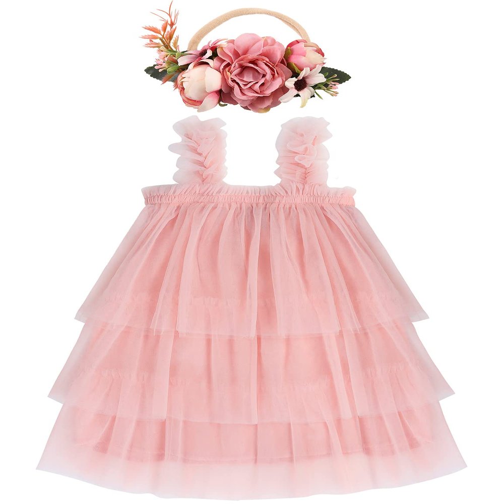 AGQT Baby Girls Tulle Tutu Dress Toddlers Tulle Layered Lace Dresses Sleeveless Princess Party Dress Summer Ruffles Sundress with Flower Headband Pink Size 3-4T