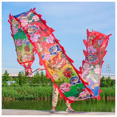 LXLZYXSF Dragon Poi Fitness Throw Streamer Ribbon with Peony Flowers Pattern, Large Flinging Streamer Arms Exercise Equipment for Outdoor (Color : Multicolor, Size : 8m/26ft)