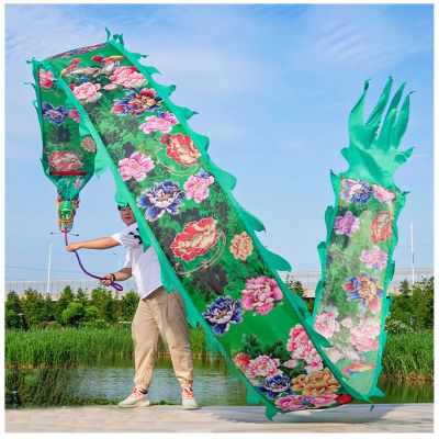 LXLZYXSF Dragon Poi Fitness Throw Streamer Ribbon with Peony Flowers Pattern, Large Flinging Streamer Arms Exercise Equipment for Outdoor (Color : Green, Size : 6m/20ft)