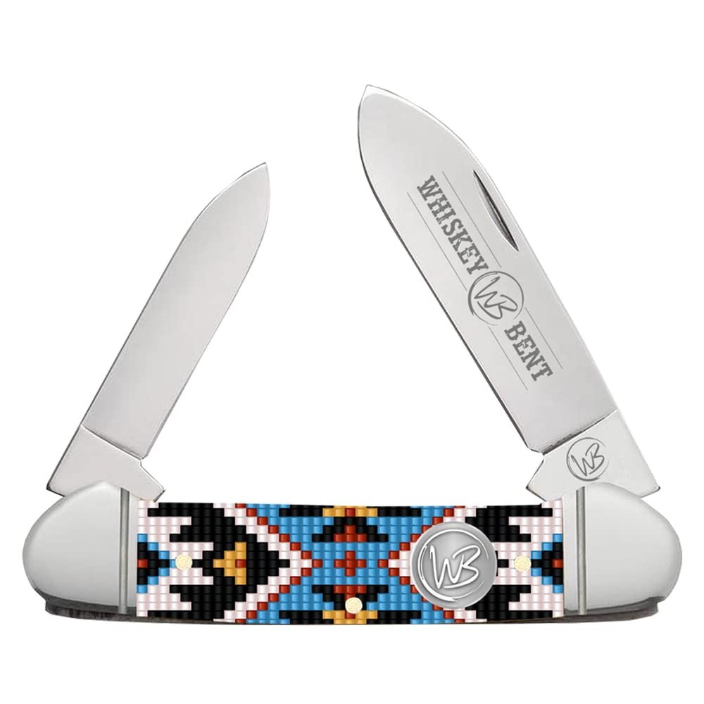 WHISKEY BENT HAT CO. Traditional Canoe Folding Knife 3.63" Closed Length 440C Stainless Steel Blades (Sky Bead)