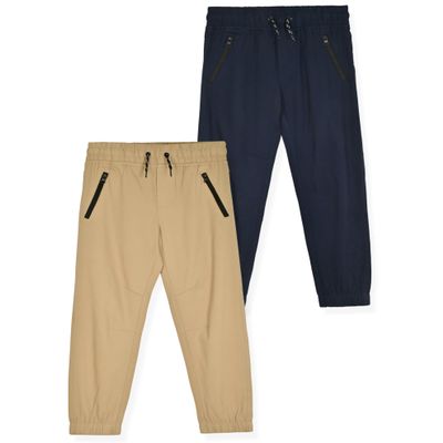 TONY HAWK Boys Twill Jogger Pants with Zipper Pockets 2-Pack Pull on Pants for Kids (Navy-Khaki, 7)