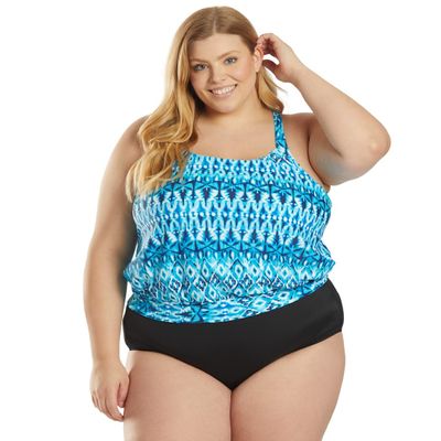 Sporti Plus Size Valentina Ikat Blouson Tankini Top - Blue Ikat Tribal - 20W