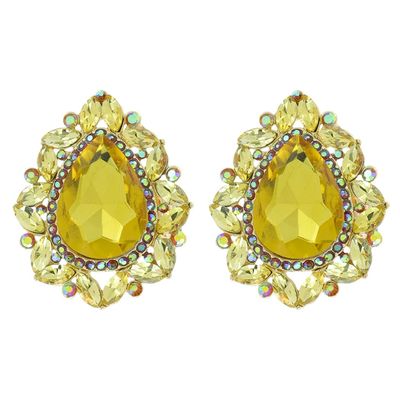 Rosemarie & Jubalee Women's Statement Vintage Style Dramatic Teardrop Crystal Clip On Earrings, 2" (Sunshine Yellow Crystal Gold Tone)