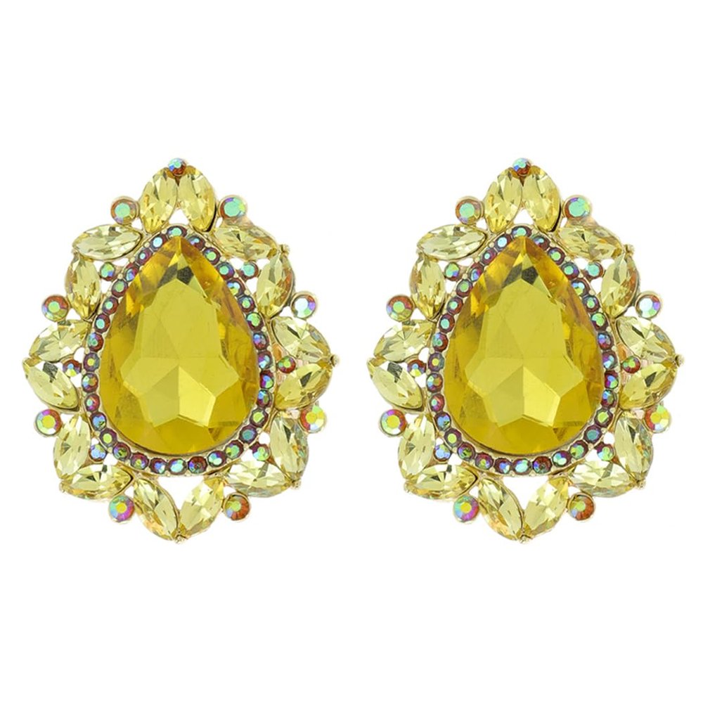 Rosemarie & Jubalee Women's Statement Vintage Style Dramatic Teardrop Crystal Clip On Earrings, 2" (Sunshine Yellow Crystal Gold Tone)