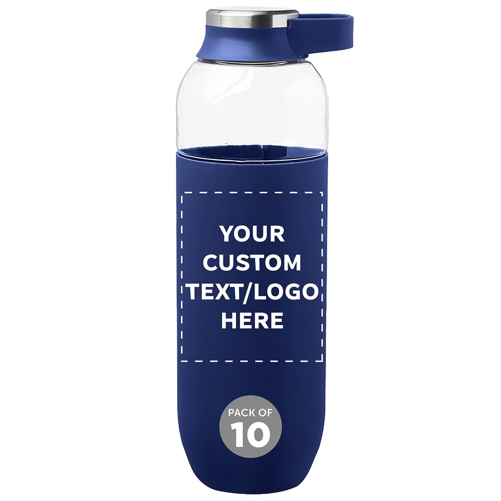 DISCOUNT PROMOS Custom Strike Plastic Water Bottles with Carrier Handle 27 oz. Set of 10, Personalized Bulk Pack - Reusable, Great for Gym, Hiking, Cycling, and For School - Navy Blue