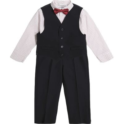 Calvin Klein Boys' 4-Piece Formal Dress Up Suit Vest Set, Vest, Pants, Collared Dress Shirt, and Tie, Black/Red, 4
