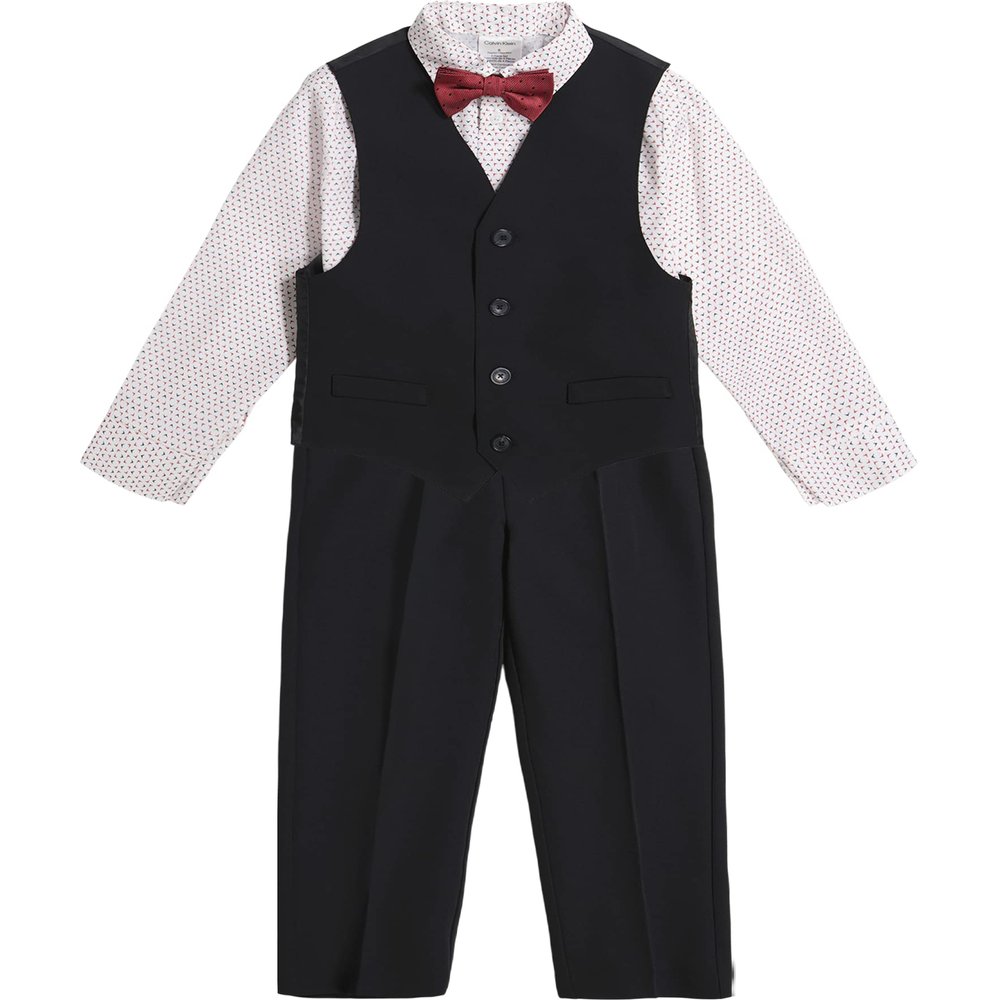 Calvin Klein Boys' 4-Piece Formal Dress Up Suit Vest Set, Vest, Pants, Collared Dress Shirt, and Tie, Black/Red, 4