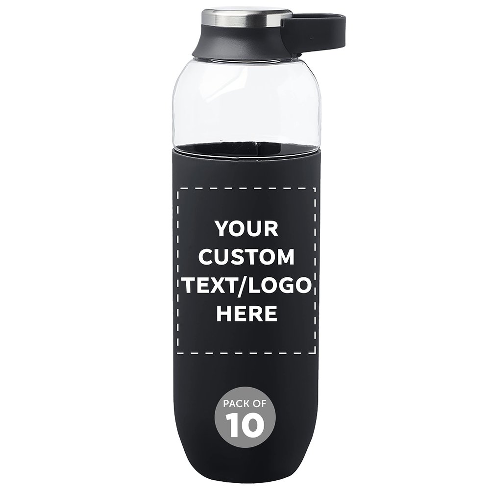 DISCOUNT PROMOS Custom Strike Plastic Water Bottles with Carrier Handle 27 oz. Set of 10, Personalized Bulk Pack - Reusable, Great for Gym, Hiking, Cycling, and For School - Black