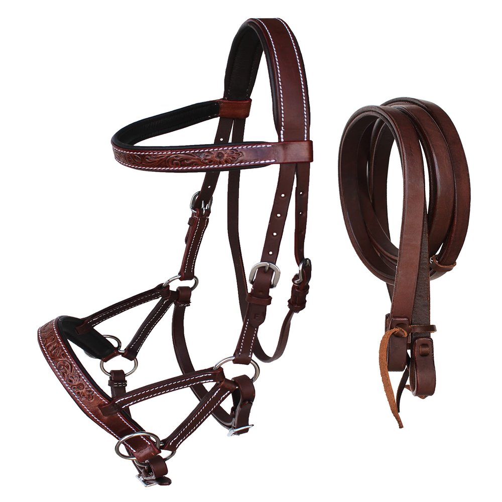 CHALLENGER Horse Western Horse Leather Floral Tooled Bitless Sidepull Bridle Split Reins 77RS37BR