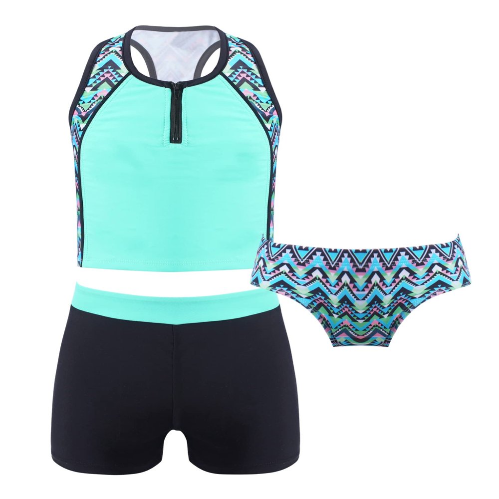Kaerm Kids Girls 3 Piece Sporty Swimwear Bathing Suit Racerback Bikini Brief Boyshorts Rash Guard Tankini Set Geometric Green A 4 Years