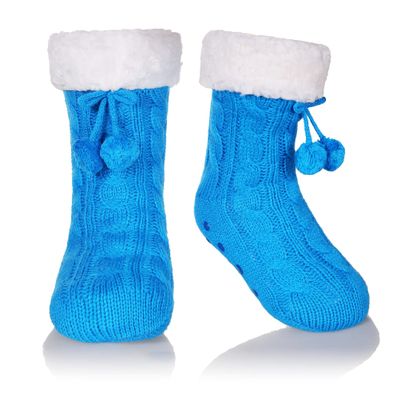 DoSmart Kids Boys Girls Fuzzy Slipper Socks Soft Warm Thick Fleece lined Christmas Stockings For Child Toddler Winter Home Socks(Blue Knit,5-8 Years)