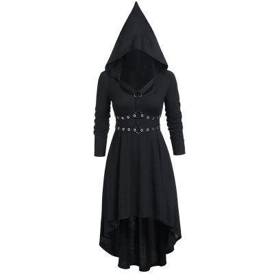 tuduoms Womens Steampunk Hooded Cloak Dress Long Sleeve Renaissance Gothic Dress Victorian Viking Hooded Robe Party Cosplay Black