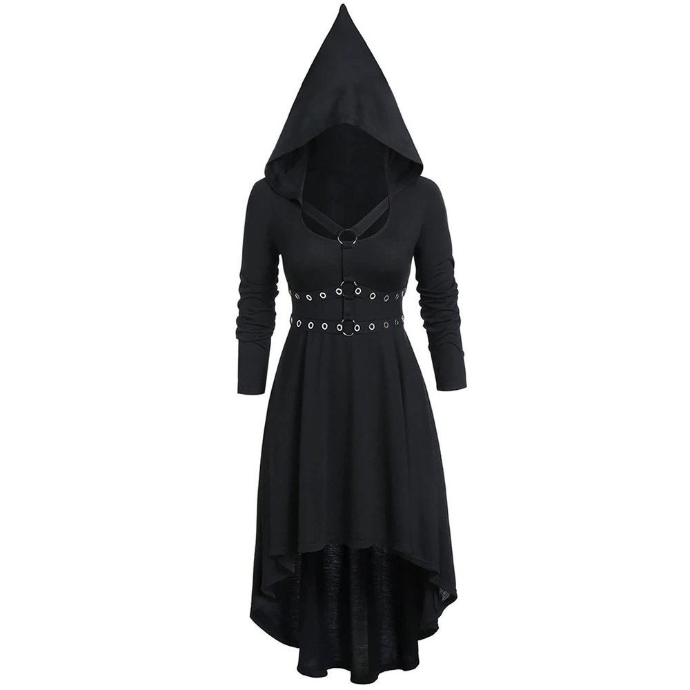 tuduoms Womens Steampunk Hooded Cloak Dress Long Sleeve Renaissance Gothic Dress Victorian Viking Hooded Robe Party Cosplay Black