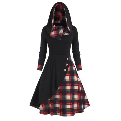 tuduoms Renaissance Costumes Women's Steampunk Gothic Dress Hooded Robe Vintage Pullover Medieval Long Hoodie Dress Cloak Black