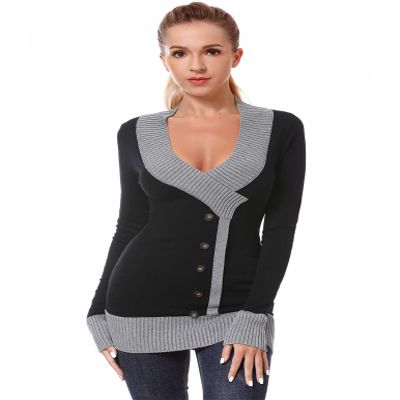 AmlieBoutik Women V Neck Faux Wrap Color Trim Sweater Tunic Top(Black Small)