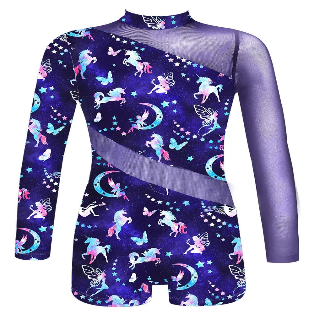 renvena Girls Mesh Ballet Dance Leotard Mock Neck Tie-dye Figure Skater Bodysuit Gymnastics Unitard Fairy Navy 14