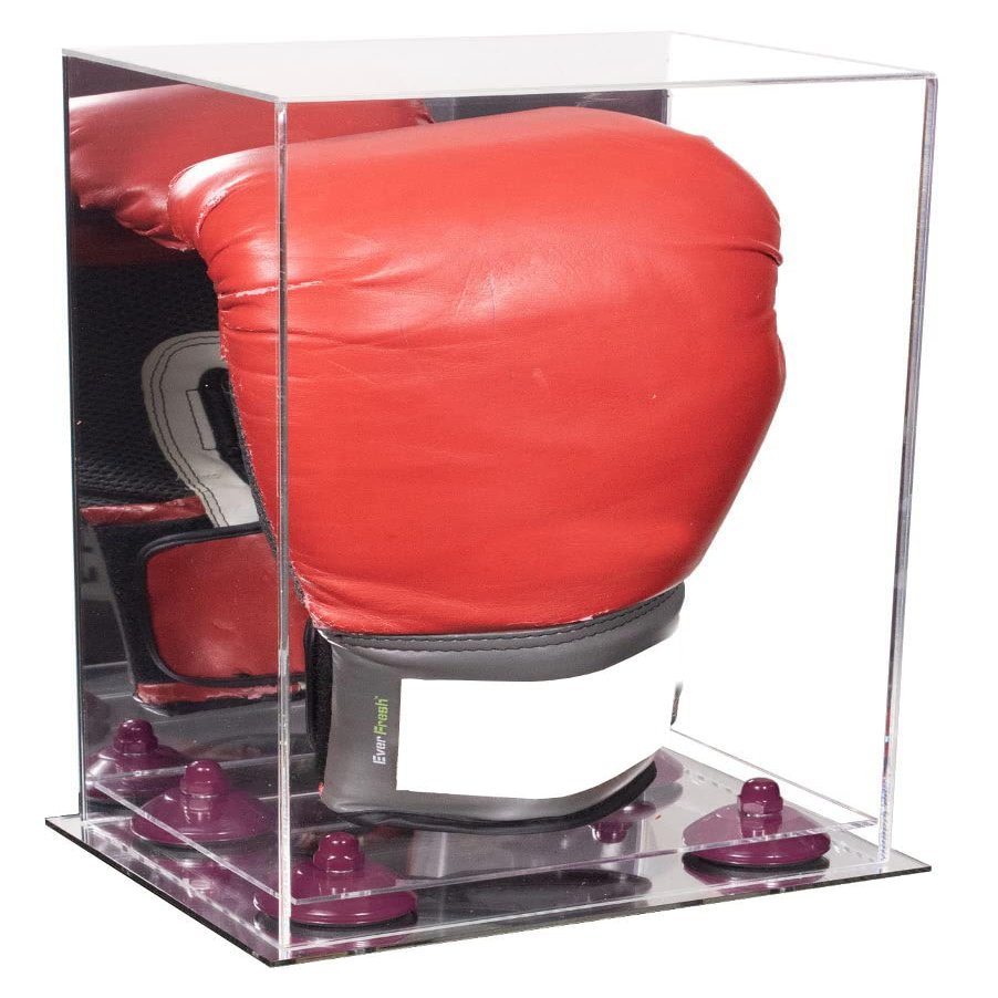 Better Display Cases Acrylic Vertical Boxing Glove Display Case with Mirror Case, Purple Risers and Mirror Base 8" x 6" x 14" (A092/V18)