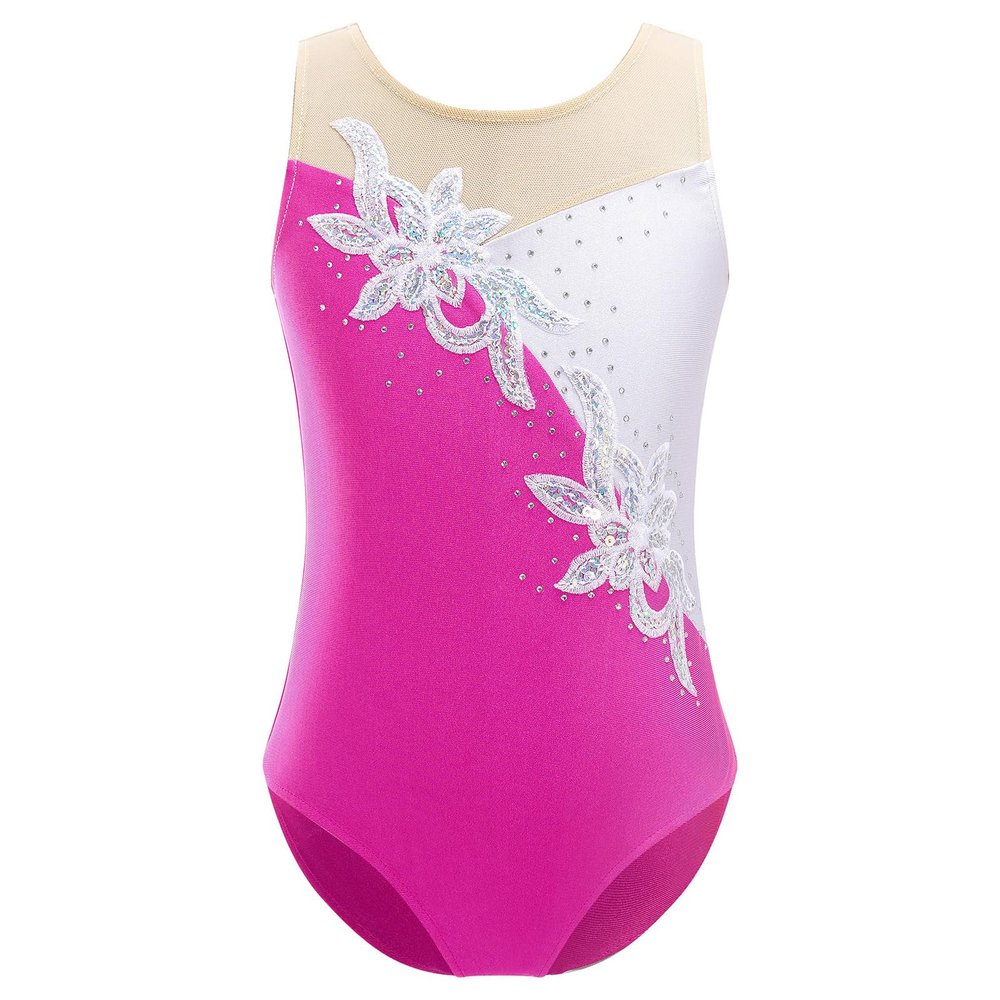 Linjinx Gymnastics Leotards for Girls One-piece Sparkle Diamonds Metallic Ballet Dancing Athletic Bodysuit Jumpsuit Rose Red 8 Years