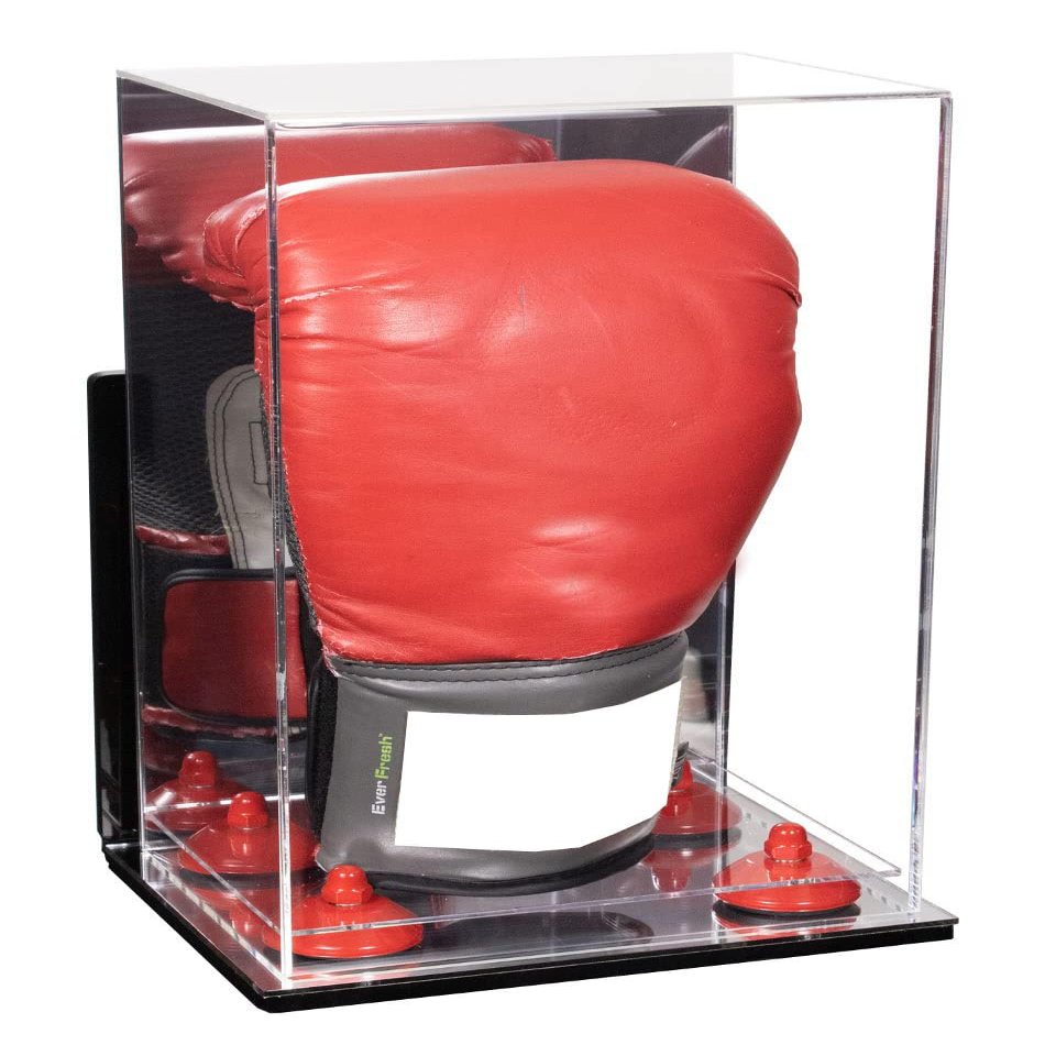 Better Display Cases Acrylic Vertical Boxing Glove Display Case Mirror Case, Red Risers , Wall Mount and Mirror Base 8" x 6" x 14" (A092/V18)