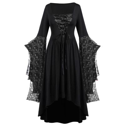 tuduoms Women's Renaissance Gothic Dress Lace Up Butterfly Sleeve A-line High Low Dress Maxi Skull Dress Halloween Costumes Black